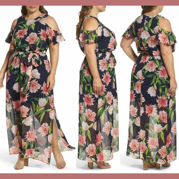 NWT $178 Eliza J Floral Chiffon Cold Shoulder Maxi Dress [‎ SZ 18W ] - Picture 1 of 8